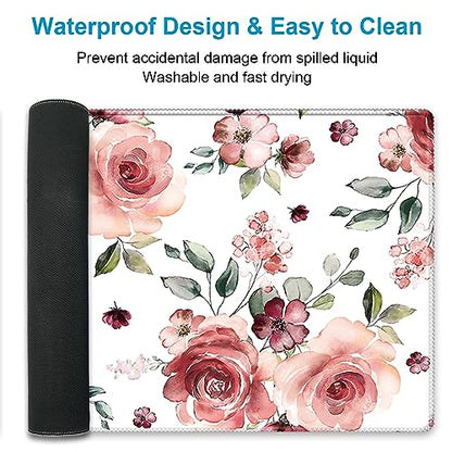 Extended Desk Mat (31.5x11.8 inch 3mm Thick), iDonzon Soft Cute Extra Large XXL Waterproof Gaming Mouse Pad with Non-Slip Rubber Base & Stitched Edges, for Working/Game, Peony Flowers - color: Pink