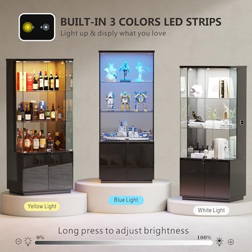 Lvifur 71” Glass Display Cabinet with Lights, Modern Curio Cabinet Display Cases for Collectibles, Locking Cabinet with Shelves & Drawers, Tall Bookcase with Human Body Sensor for Living Room (Black) - color: Black-71"