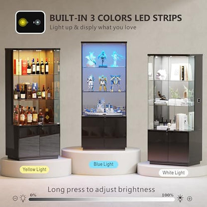 Lvifur 71” Glass Display Cabinet with Lights, Modern Curio Cabinet Display Cases for Collectibles, Locking Cabinet with Shelves & Drawers, Tall Bookcase with Human Body Sensor for Living Room (Black) - color: Black-71"