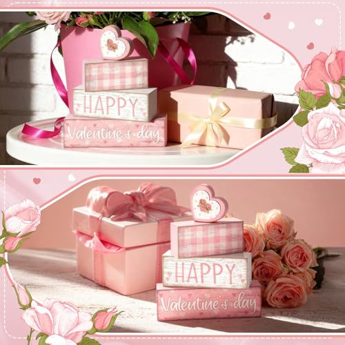 Britimes 4Pcs Valentine’s Day Table Decor Happy Valentine’s Day Pink Heart Tiered Tray Decorations Set Rustic Farmhouse Wooden Stack Block Signs Romantic Tabletop Decor for Table & Home Office Gift - style: Pink Happy Valentine