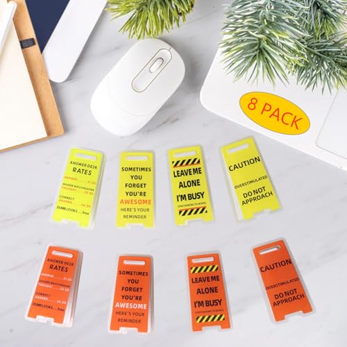 8 Pack Funny Sticky Note Holder - Caution Overstimulated Desk Sign, Answer Desk Rates Sign for Work, Mini Funny Office Decor (Yellow+Red)