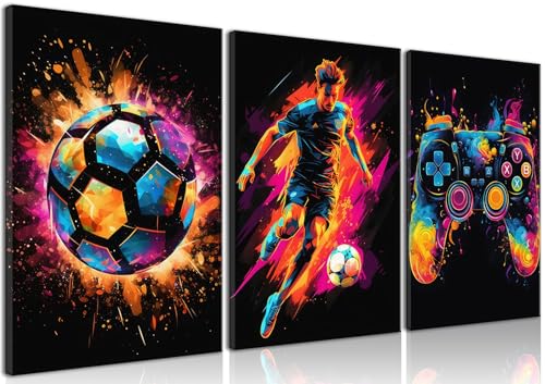 BGFCE Gaming Canvas Wall Art Decor, Paintings Art Game Controller Color Splash Ink Prints Painting, Posters for Room Aesthetic, Soccer Canvas Wall Art for Boys Room Decor 12x16 - Set of 3 Framed - color: Color Football Game Canvas, size: 16L" x 12W"