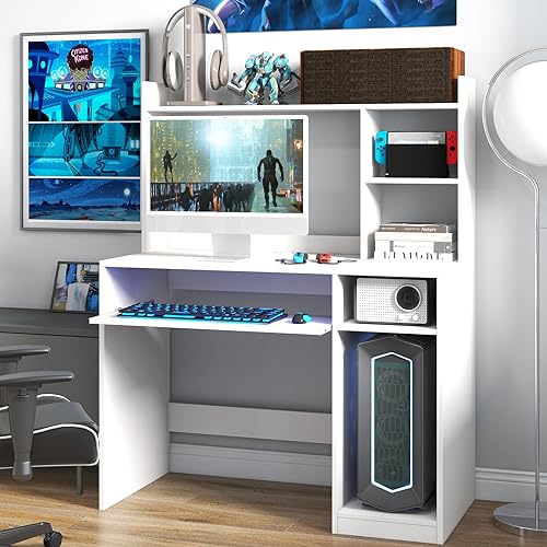 COSTWAY White Modern Large Computer Desk with Storage Shelf, Office Desk with Hutch, CPU Stand & Keyboard Tray, Home PC Desk with Bookshelf, for Bedroom, Study, Living Room