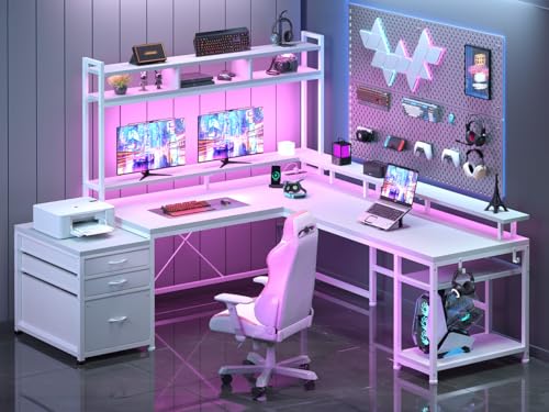 EnHomee 104''L Shaped Desk with 4 Layouts,Outlet for Two Person Home Office | 4 Layout Sizes 64''–104'', Multi-Room Compatibility, 4 AC+2 USB Outlet, Multi-Monitor Stand, Simultaneous Work and Charging - color: White