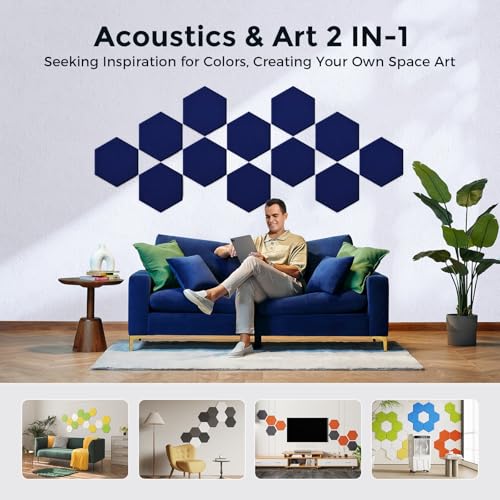 Self-Adhesive Acoustic Panels [390 lbs/yd³ Ultra-High Density], 2nd Generation Sound Absorbing Panel, Professional Level Sound Panel, Polyester Soundproof Foam [Medium Hexagon, Dark Blue] - color: Dark Blue, size: Medium Hexagon (12''x10''x0.4'')