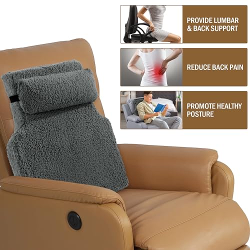 HOMBYS Sherpa Fleece Lumbar Support Pillow with Headrest for Recliner,Memory Foam Recliner Chair Cushion for Back Pain,Big High Back Support for Recliner with Chair Headrest for Elderly (Grey) - color: Grey