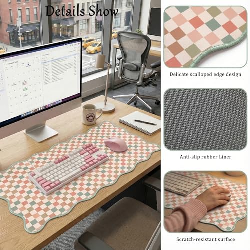 Scalloped Desk Mat Extended Large Cute Mouse Pad XXL Aesthetic Desk Pad Boho Plaid Mousepad Retro Beige Checkered Mouse Pad for Keyboard Computer Stitched Edges Non-Slip Home Office 31.5X15.7Inch - color: Multi, size: 31.5" x 15.7"