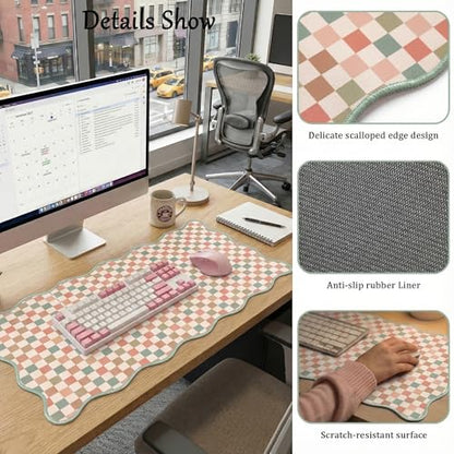 Scalloped Desk Mat Extended Large Cute Mouse Pad XXL Aesthetic Desk Pad Boho Plaid Mousepad Retro Beige Checkered Mouse Pad for Keyboard Computer Stitched Edges Non-Slip Home Office 35.4X15.7Inch - color: Multi, size: 35.4" x 15.7"