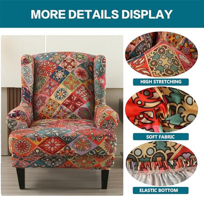 KRFOONN Stretch Wing Chair Slipcovers Printed 2 Piece Wingback Chair Covers Soft Spandex Wingback Armchair Slipcover Furniture Protector Chair Covers for Living Room Wingback Chair, T10 - color: Color T10