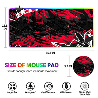 AIMSA Large RGB Gaming Mouse Pad, Keyboard Mousepad Led Extended 35.4 x 15.8 inch Non-Slip Rubber Base with 14 Lighting Modes, Big Desk Mat Waterproof, Red Black - color: Red Black