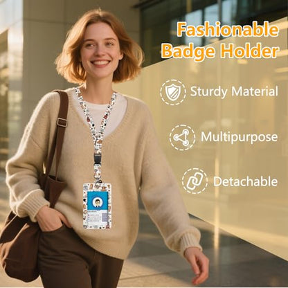 Lanyards for ID Badge, Coffee for ID Badge Holder, Coffee ID Badge Holder with Heavy-Duty Retractable Reel Clip, Gift for Teacher Nurse Adult - color: Coffee-white