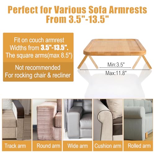 Couch Arm Tray, 13" × 9" Bamboo Foldable Sofa Armrest Table Tray Clip-On Desk for Eating TV Snacks Drinks Phone Remote, Natural Wood Wooden Holder Side Table for Armchair Recliner Small Spaces