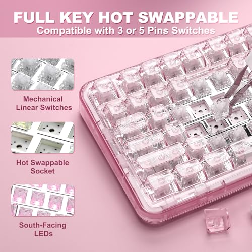 YUNZII X98 QMK/VIA Wireless Mechanical Gaming Keyboard with Knob,Tri-Mode BT5.0/USB-C/2.4GHz Hot Swappable Keyboard,Pre-lubed Switches Gasket Mount RGB Backlit for Wins/Mac (Pink, Snow Switch) - color: Pink, size: Snow Switch