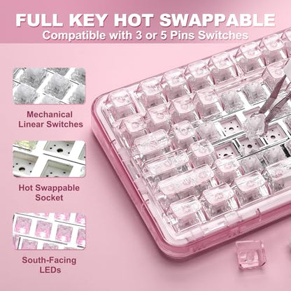 YUNZII X98 QMK/VIA Wireless Mechanical Gaming Keyboard with Knob,Tri-Mode BT5.0/USB-C/2.4GHz Hot Swappable Keyboard,Pre-lubed Switches Gasket Mount RGB Backlit for Wins/Mac (Pink, Snow Switch) - color: Pink, size: Snow Switch