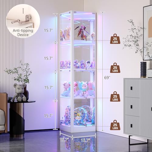 Dystler Corner Display Cabinet with Glass Doors & RGB Lights | 68" Tall, Human Sensor Lights, 4-Tier, Display Case for Collectibles, Modern Storage Cabinet - color: White