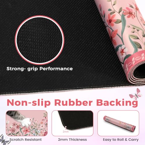 HAOCOO Rose Desk Pad Mat Floral, Cute Desk Matt for Desktop, Non-Slip Large Mouse Pad with Edge Stitching, Waterproof Keyboard Mat for Gaming, Office, Women Office Aesthetics - color: Dark Pink