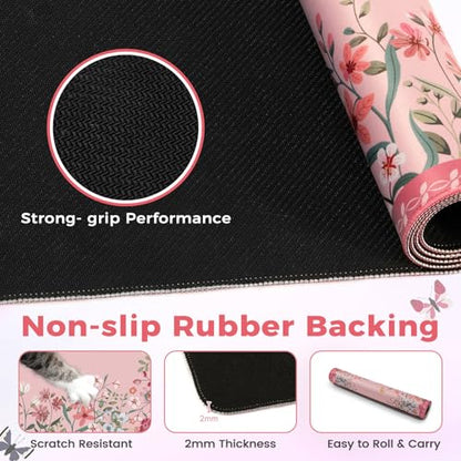 HAOCOO Rose Desk Pad Mat Floral, Cute Desk Matt for Desktop, Non-Slip Large Mouse Pad with Edge Stitching, Waterproof Keyboard Mat for Gaming, Office, Women Office Aesthetics - color: Dark Pink