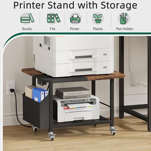 YAOHUOO 23.6"×23.6" Large Printer Stand with Power Outlet, Printer Table with Storage Side Pocket, Heavy Duty Rolling Cart for Home Office 3D Printer/Laser/Heat Press Table, Rustic Brown - color: Rustic Brown