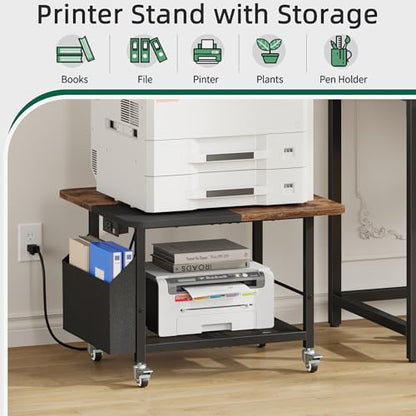 YAOHUOO 23.6"×23.6" Large Printer Stand with Power Outlet, Printer Table with Storage Side Pocket, Heavy Duty Rolling Cart for Home Office 3D Printer/Laser/Heat Press Table, Rustic Brown - color: Rustic Brown