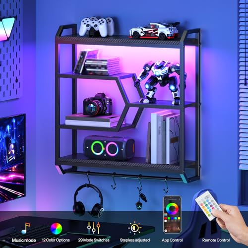 HOOBRO Gaming Floating Shelf with LED Lights, 27.5" LED Wall Mounted Shelf with Hanging Rod & 4 S-Hooks, 4-Tier Hanging Display Rack, for Living Room, Gaming Room, Black BB71DBJ01