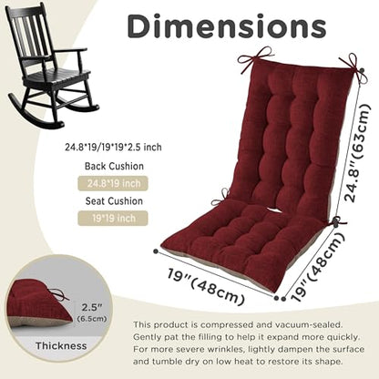 AddGrace Non-Slip Rocking Chair Cushion Extra Large Linen Thick Chair Pads Durable High Back Seat Cushions with Ties Set of 2 Burgundy - color: Burgundy