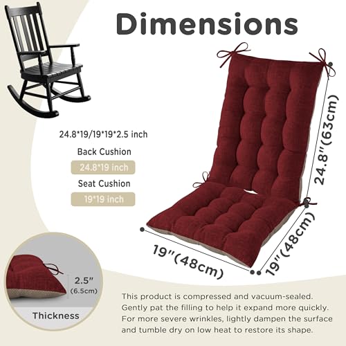 AddGrace Non-Slip Rocking Chair Cushion Extra Large Linen Thick Chair Pads Durable High Back Seat Cushions with Ties Set of 2 Burgundy - color: Burgundy