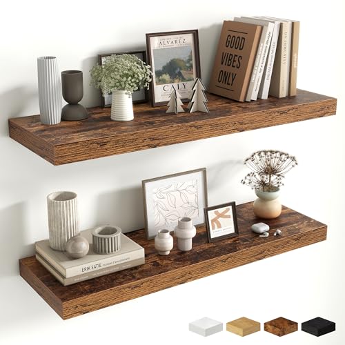 Fun Memories Floating Shelves for Wall, 32 Inch Long Floating Shelves Set of 2, 32 x 10 Wooden Shelves for Wall, Large Storage Shelves, Hanging Shelves for Bathroom Kitchen Bedroom, Rustic Brown - color: Brown Color, size: 32W x 10D x 1.5H
