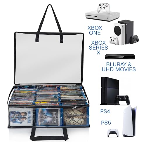 Besti Blu Ray Case Holder Organizer, Set of 2 Clear Plastic Bags with Handles for Storing Blurays, DVDs, CDs, Storage Bags for Video Game Cases, Holds Up To 90 Bluray and 60 DVD Cases (Black)