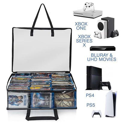 Besti Blu Ray Case Holder Organizer, Set of 2 Clear Plastic Bags with Handles for Storing Blurays, DVDs, CDs, Storage Bags for Video Game Cases, Holds Up To 90 Bluray and 60 DVD Cases (Black)