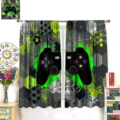 Video Games Window Curtains, Green Honeycomb Gamepad Teens Gamer Controller Window Drapes for Kids Boys Girls Room Playroom 42" W X 45" L - color: Gamepad-10, size: 20.5"W x 45"L (Pack of 2)