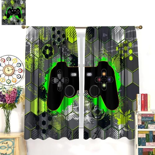 Video Games Window Curtains, Green Honeycomb Gamepad Teens Gamer Controller Window Drapes for Kids Boys Girls Room Playroom 42" W X 54" L - color: Gamepad-10, size: 21"W x 54"L (Pack of 2)