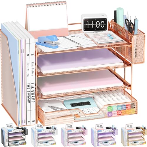 OPNICE Desk Organizer with Drawer & Pen Holder, Office Desk Accessories and Office Decor for Women, 4-Tier Paper Tray File Organizer for Home Office Workspace Supplies, Rose Gold - color: Rose Gold - Metal Pen Holder, size: 4-tier