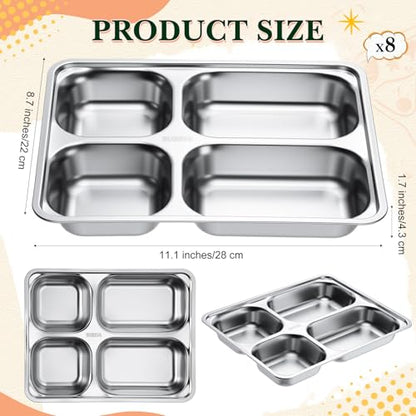 Foaincore 8 Pack 304 Stainless Steel Divided Plates Rectangular Portion Control Plates with Compartments Unbreakable Metal Food Tray for Lunch, Dinner, Camping, Heavy Gauge (4 Compartment) - style: 4 Compartment
