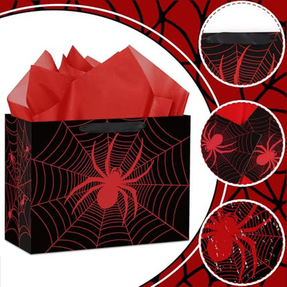 Hooqict Spider Gift Bag Birthday Gift Wrapping Bag with Handles, Tissue Paper, Greeting Card for Kids Boys Men Spider Web Birthday Party Favors Goodie Candy Treat Box - color: Black Spider