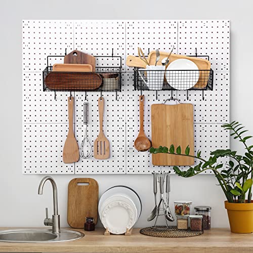 Shimeyao 2 Pcs Pegboard Accessories Set Including 2 Pegboard Baskets Bins with 5 Hooks 4 extra Hooks Black Metal Wire Basket Wall Mount Organizer for Workbench Garage Storage Attachments