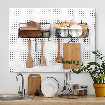 Shimeyao 2 Pcs Pegboard Accessories Set Including 2 Pegboard Baskets Bins with 5 Hooks 4 extra Hooks Black Metal Wire Basket Wall Mount Organizer for Workbench Garage Storage Attachments