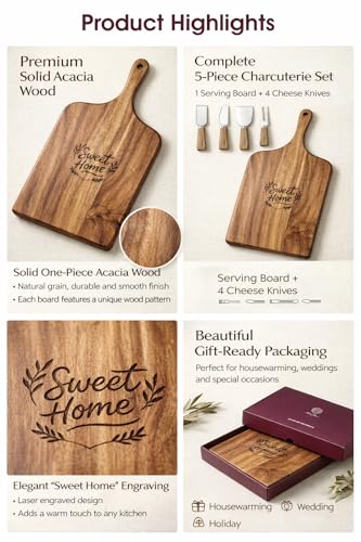 100% Acacia Wood Charcuterie Board Gift Set with Handle & 4 Cheese Knives | Natural Wood Grain | Smooth Polished Finish | Charcuterie & Cheese Board |Hosting & Everyday Serving |Premium Gift Box - size: 15.7