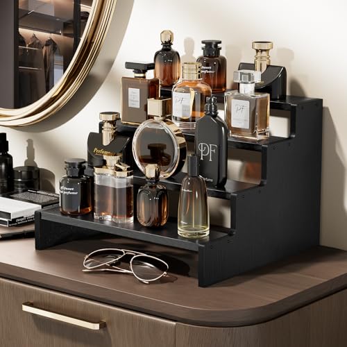 ProCase Wooden Cologne Organizer for Men, 4 Tier Perfume Organizer, Mens Cologne Stand Holder Storage, Display Riser Shelf Rack for Fragrances Candles Cosmetics Cupcake Figure Spice -Black - color: Black, size: 4-Tier (9.45" Height)