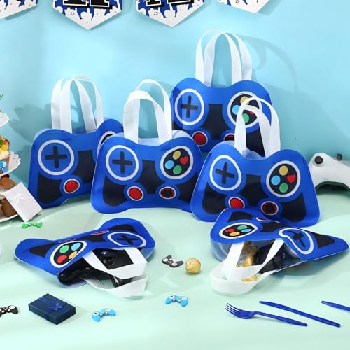 Silkfly 36 Pcs Video Game Party Favor Bags Non Woven Reusable Gaming Goodie Treat Gift Bags with Handles Gaming Party Favors Birthday Supplies Decorations (Blue) - color: Blue
