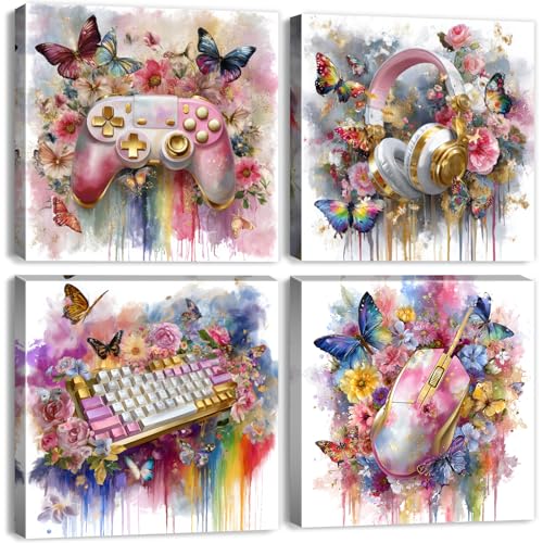 Pink and Gold Wall Art Graffiti Gaming Flowers Butterfly Pictures for Gamer Girls Room Decor Aesthetic Game Gamepad Headphone Canvas Prints Bedroom Playroom Games Posters Home Decoration 12x12” 4Pcs - color: Field054P, size: 12x12in