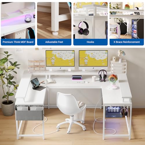 U Shaped Desk with Power Outlet & LED Lights, 79" Reversible Computer Desk with Monitor Stand, Wood Home Office Desks Gaming Desk with Shelving, Side Storage Pockets, White - color: White