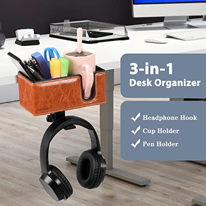Desk Cup Holder Clip on Pen Holder Headphone Hanger Headset Stand Rotatable Clamp Hook Under Desk (Light Brown) - color: Light Brown
