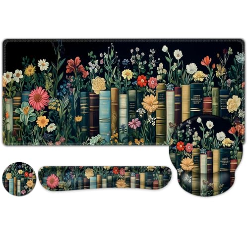 Wildflowers Mouse Pad, Large Desk Mat Extended Nature Botanical Aesthetic Deskpad, 4 PCS Non-Slip Rubber Base Computer Mouse Pads for Work, Game, Office, Home Decor Gifts I Floral Plants Books - color: Floral Plants Books