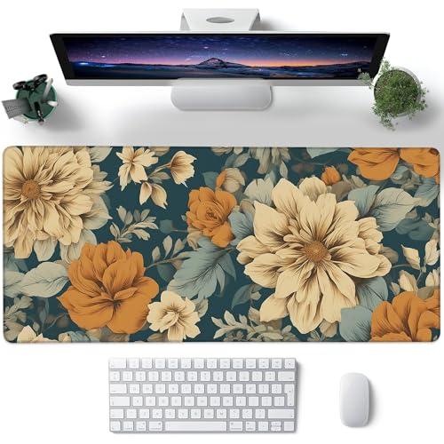 Desk Pad, Vintage Aesthetic Flower XXL Gaming Mouse Pad with Stitched Edges,Non-Slip Waterproof Rubber Base Large Desk Mat for Keyboard and Mouse 35.4"x15.7" - color: Colour1, size: 35.4" x 15.7"