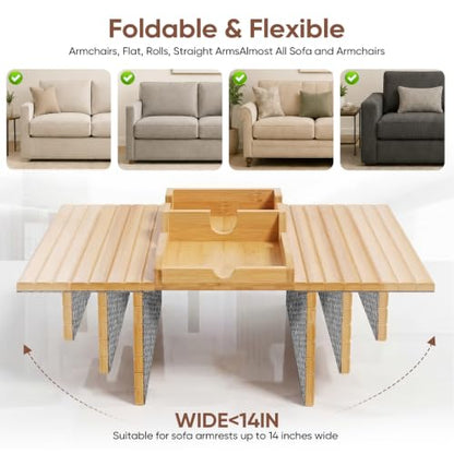 Bamboo Couch Arm Tray Table with Built-in Cup Holder, Foldable Anti-Slip Sofa Armrest Table for Drinks, Phone & Remote, Fits 4.7–16.9 in Armrests, Holds Cups up to 3.5 in Diameter (Bamboo) - color: Primary Colors