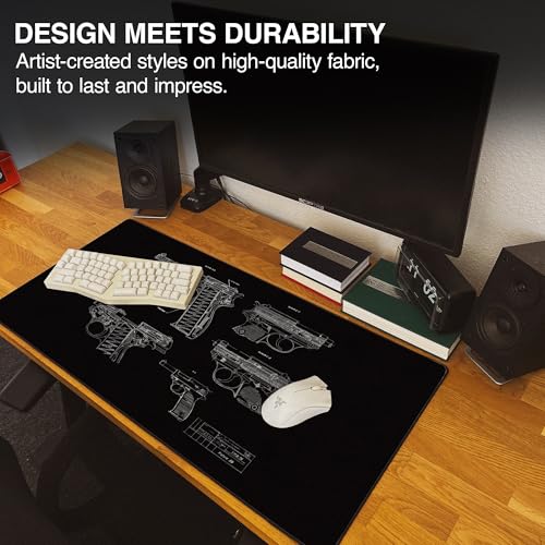 MPCO. Blueprints Large Gaming Desk Pad - 36" x 17" Aeroglyde Fabric Pistol 38 – Black Desk Mats - Non-Slip, Washable, Smooth Glide for Precision Gaming & Work - color: Aeroglyde Pistol 38 – Black