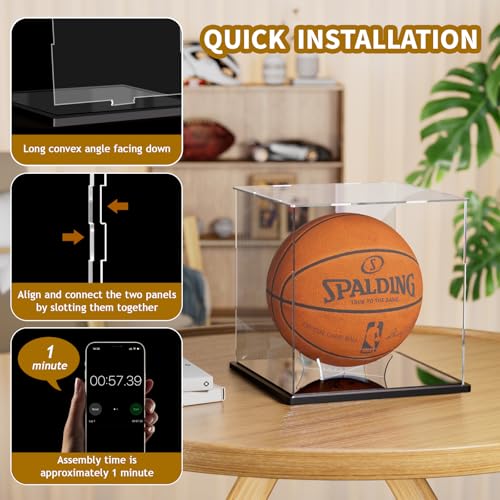 Basketball Display Case, Clear Acrylic Full Size Basketball Case Display, Assemble Soccer Ball Showcase, Sports Memorabilia Protector for Volleyball with Ball Stand - size: 11 x 11 x 11.4 inch