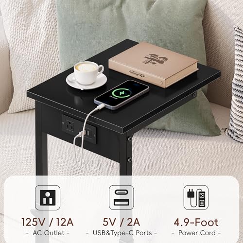 Vagusicc C Shaped End Table with Charging Station, 33"Tall C-Table End Table Adjustable Height Side Table for Couch, Couch Table That Slide Under Sofa Table TV Tray Table for Living Room,Bedroom,Black - color: Black, style: Charging Station