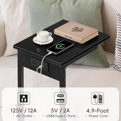 Vagusicc C Shaped End Table with Charging Station, 33"Tall C-Table End Table Adjustable Height Side Table for Couch, Couch Table That Slide Under Sofa Table TV Tray Table for Living Room,Bedroom,Black - color: Black, style: Charging Station