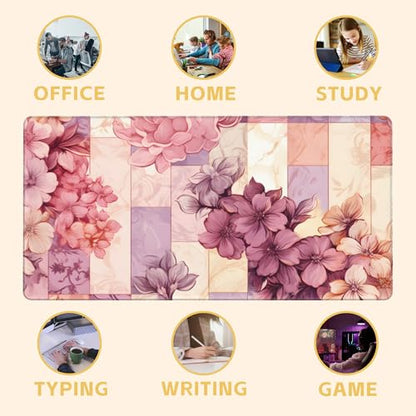Flower Desk Mat Large Mouse Pad Gaming Mousepad 31.5 x 15.8 in | Desk Pad for Keyboard and Mouse, Large Non-Slip Rubber Base Mousepad Desk Mat with Stitched Edges for Gaming Office - color: Colorful Marble and Flower